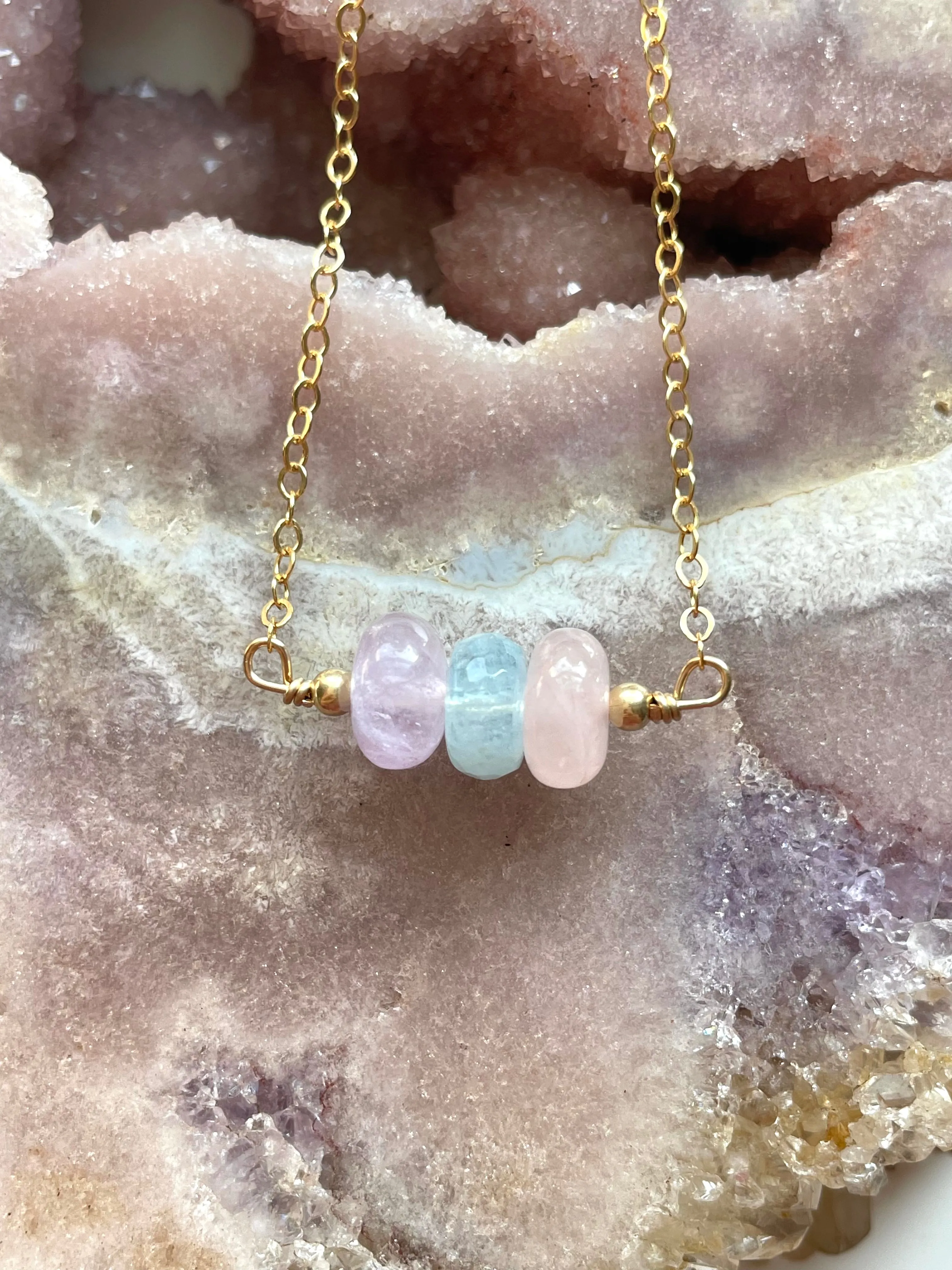 Gemstone Necklace - Stone Necklace - Amethyst Aquamarine Rose Quartz Necklace - Crystal Healing Jewelry - Silver or Gold