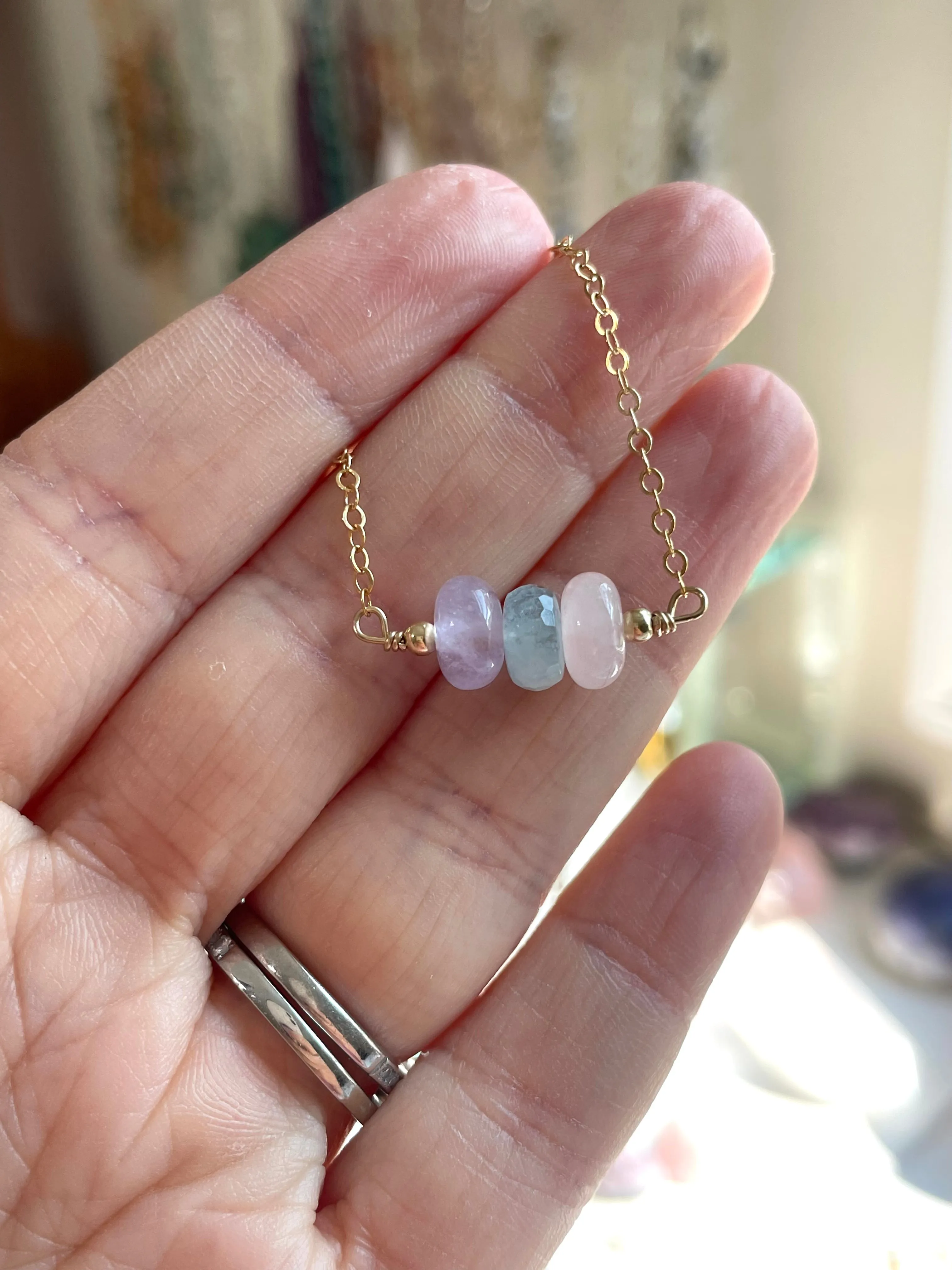 Gemstone Necklace - Stone Necklace - Amethyst Aquamarine Rose Quartz Necklace - Crystal Healing Jewelry - Silver or Gold