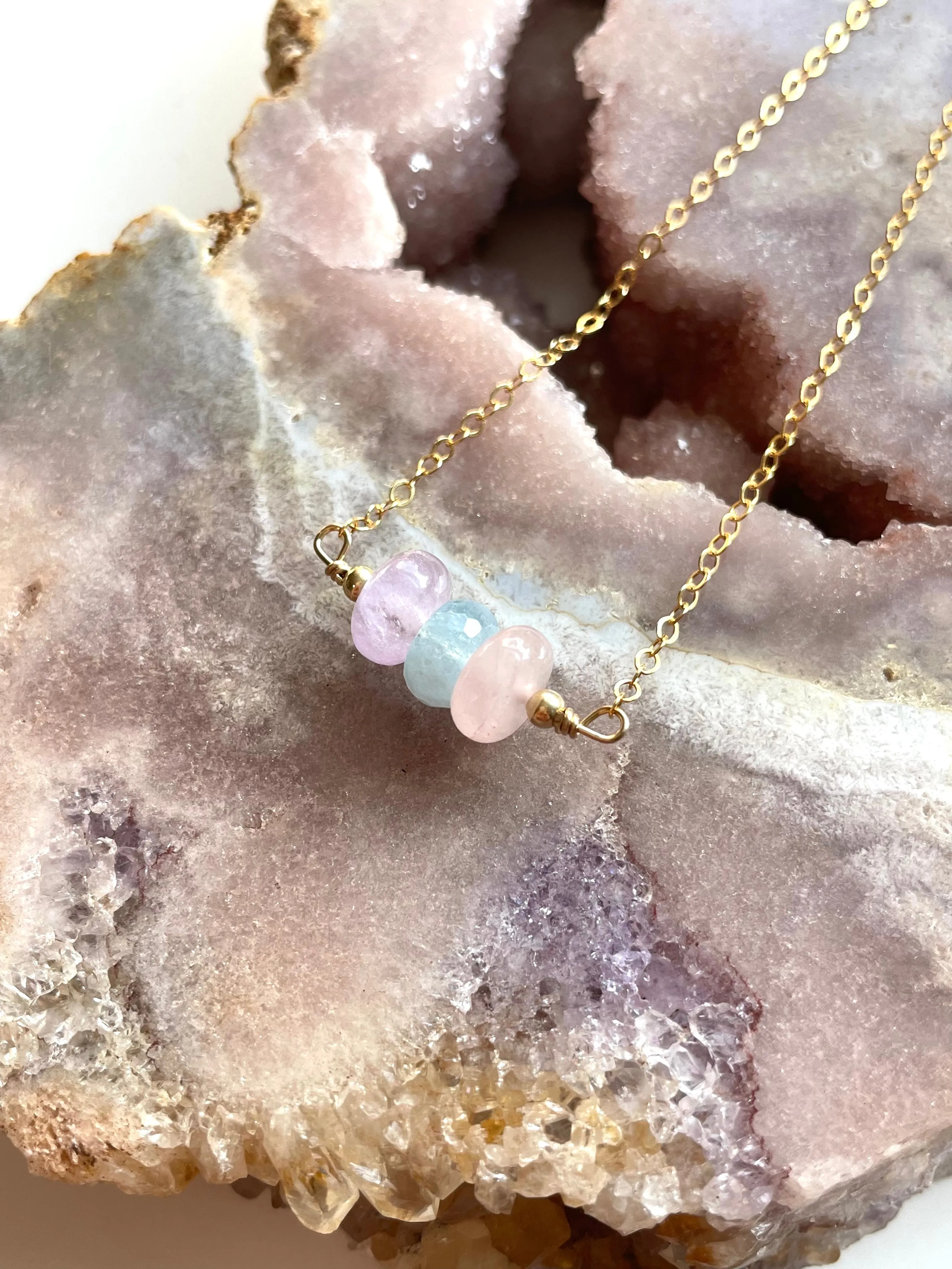 Gemstone Necklace - Stone Necklace - Amethyst Aquamarine Rose Quartz Necklace - Crystal Healing Jewelry - Silver or Gold