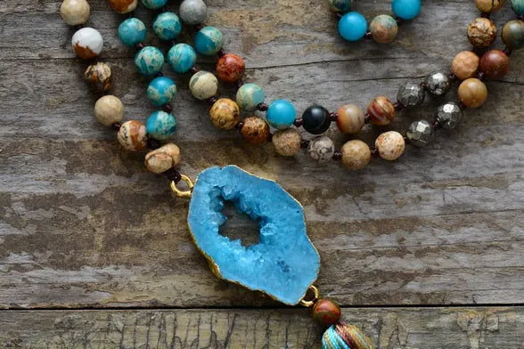 Gilded Druzy Turquoise & Jasper Tassel Necklace - Bohemian Elegance | Handcrafted Natural Stone Jewelry