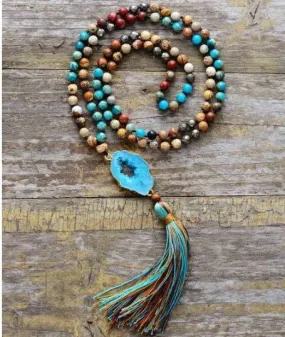 Gilded Druzy Turquoise & Jasper Tassel Necklace - Bohemian Elegance | Handcrafted Natural Stone Jewelry