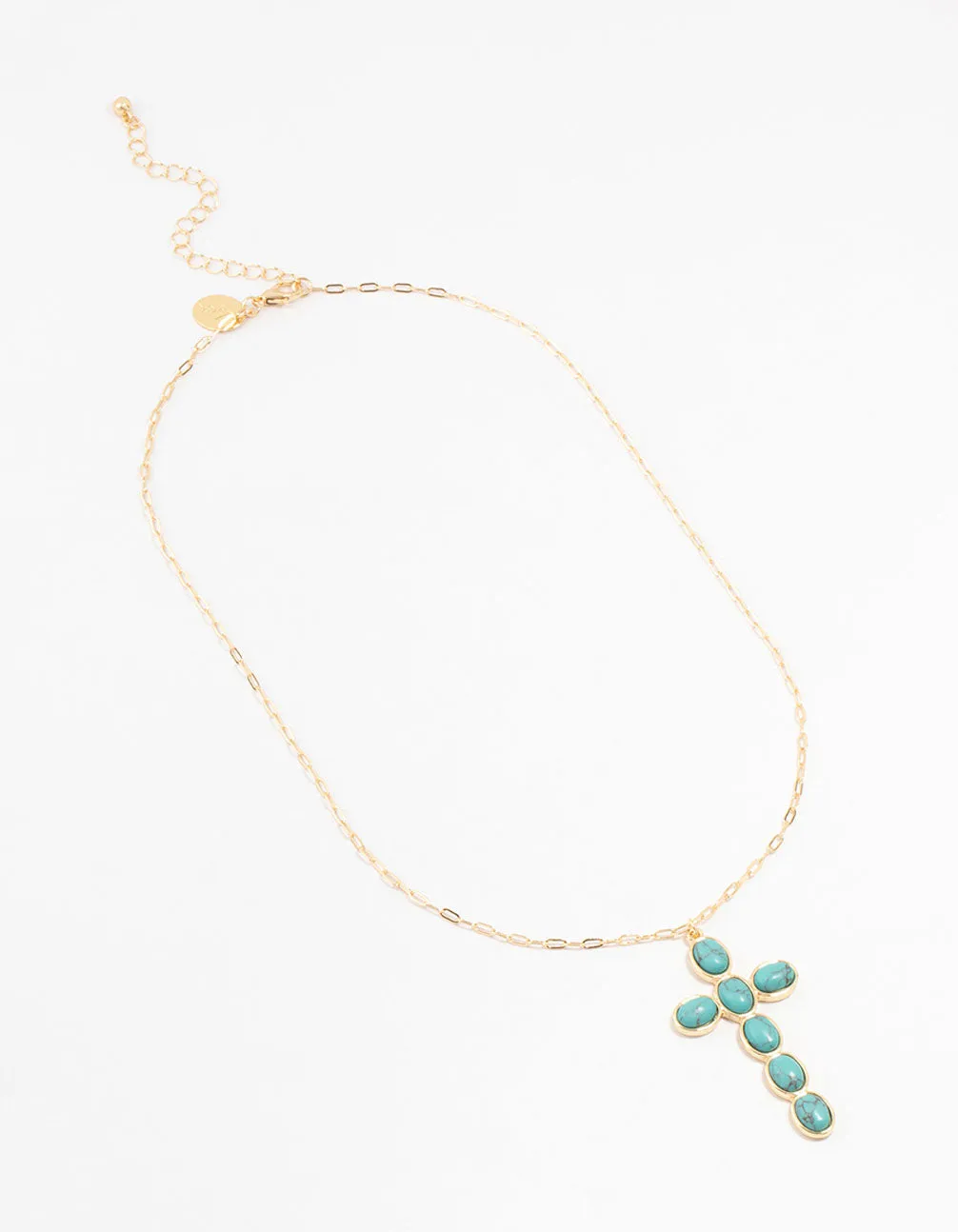 Gold Aqua Semi Precious Turquoise Cross Pendant Necklace