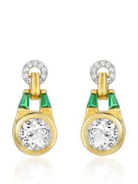 Gold Olive earrings with white topaz and emerald green stone