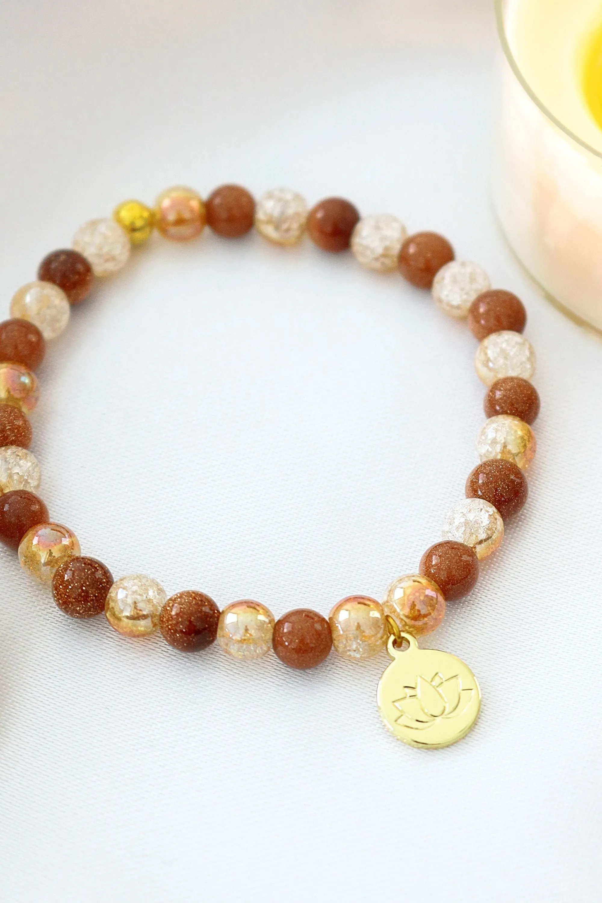 Goldstone Elastic Bracelet | 24K Lotus Flower Charm