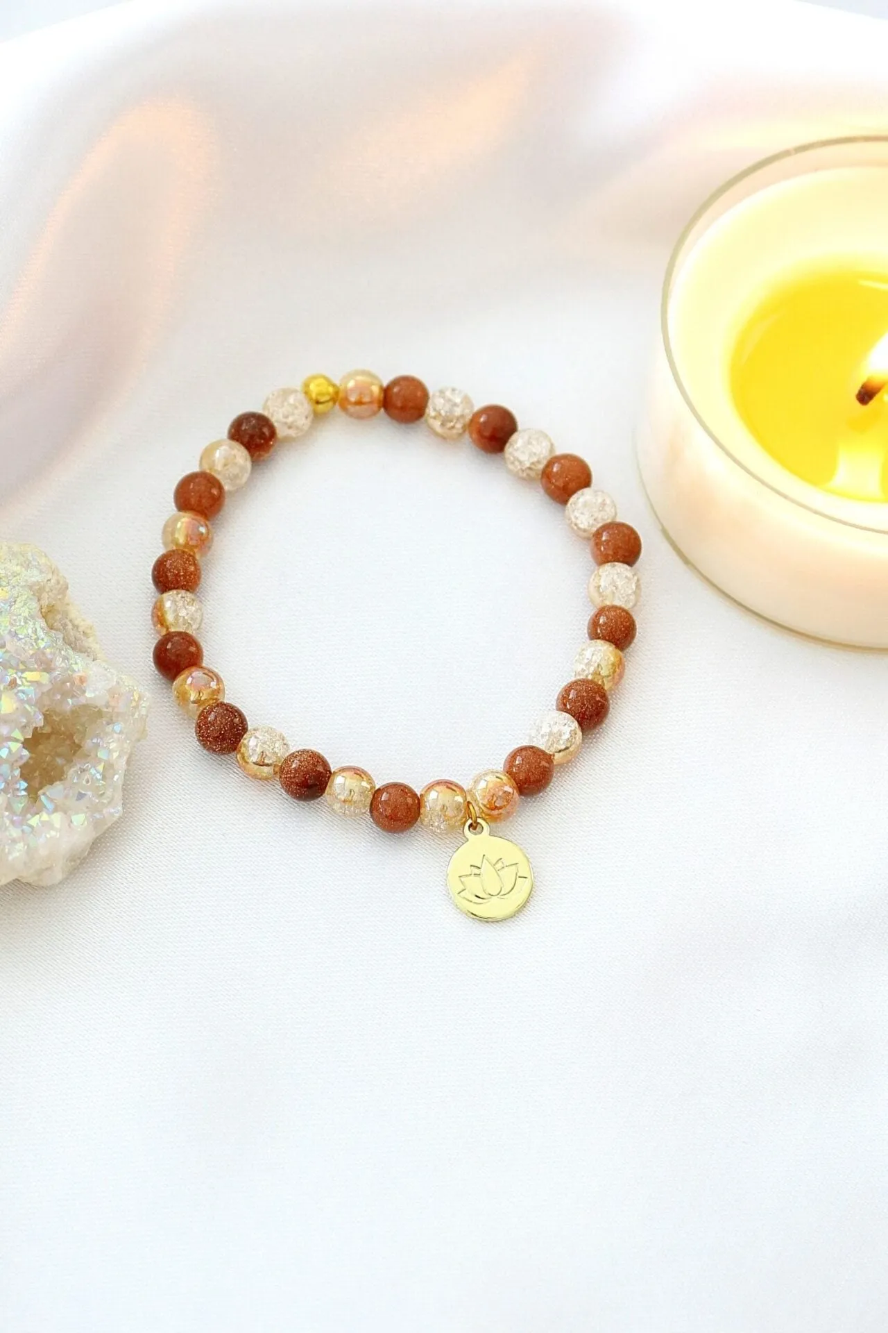 Goldstone Elastic Bracelet | 24K Lotus Flower Charm