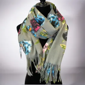 Gray Floral Fringe Scarf