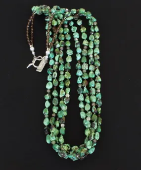 Green Turquoise Nugget 4-Strand Necklace with Peridot Rounds, Czech Glass and Sterling Silver Beads & Toggle Clasp