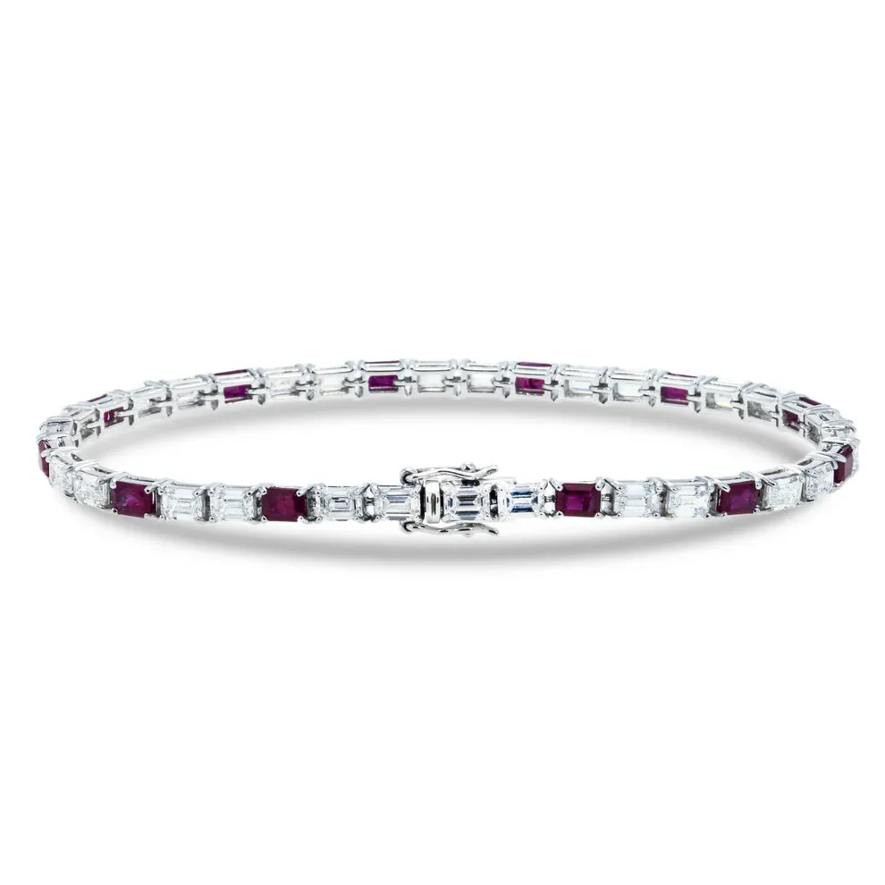 Halo Emerald Cut Ruby & Diamond Tennis Bracelet in 18K White Gold