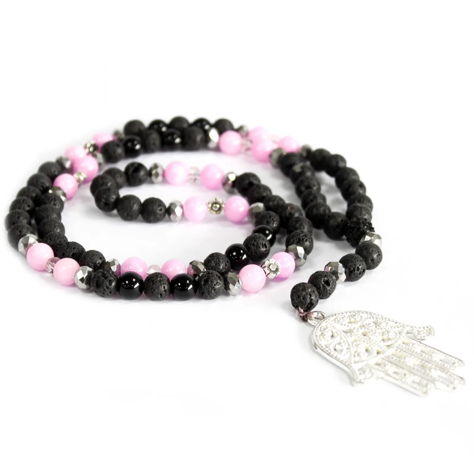 Hamsa / Pink & Black - Gemstone Necklace | Stylish Boho Jewelry