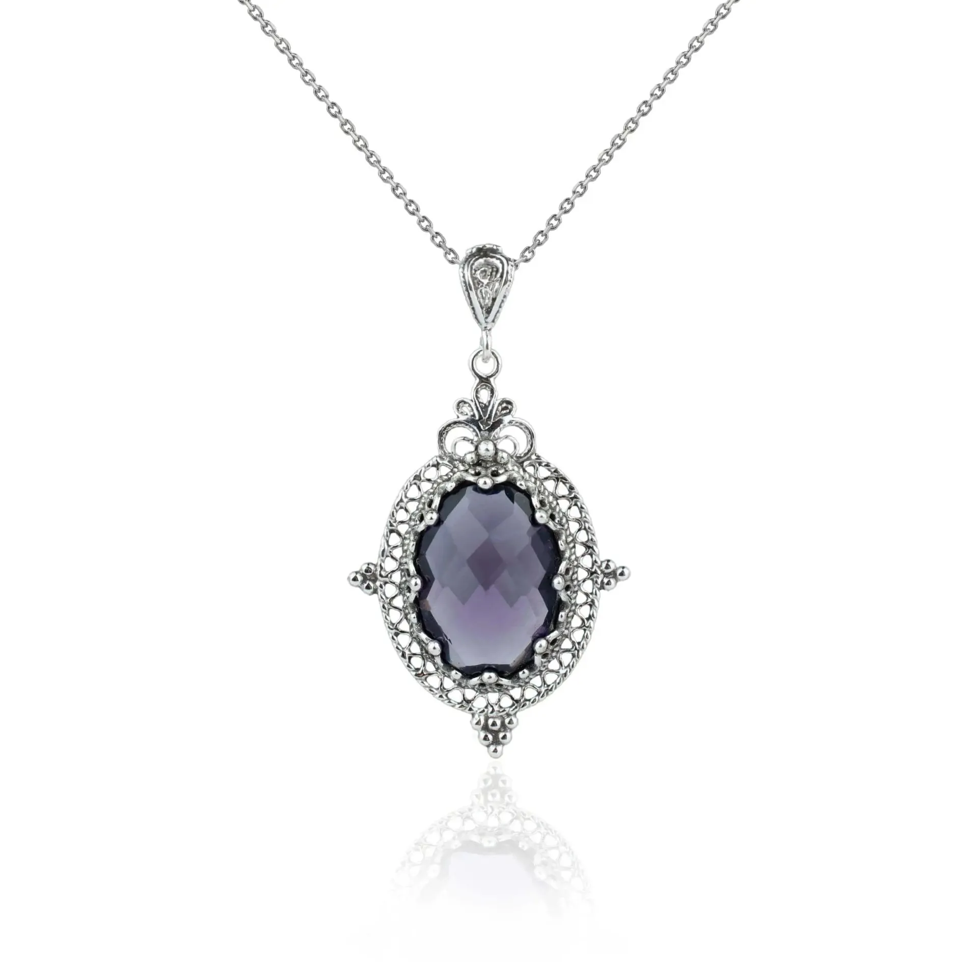 Handcrafted Amethyst Gemstone Silver Boho Oval Pendant Necklace - A Statement of Artistry