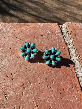 Handmade Flower Cluster Sterling Silver & Turquoise Post Earrings Signed Nizhoni