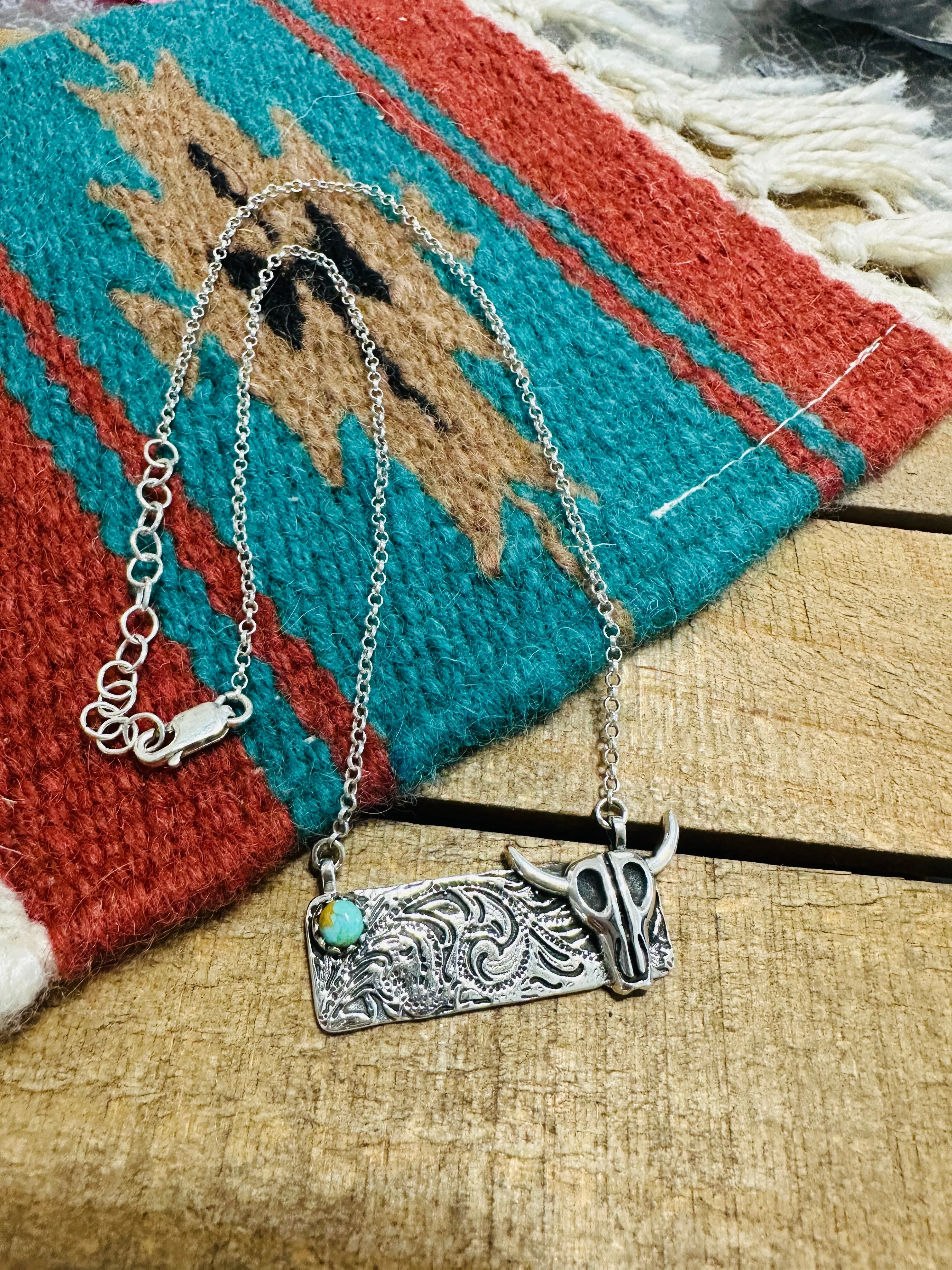 Handmade Sterling Silver & Turquoise Bullhead Bar Necklace