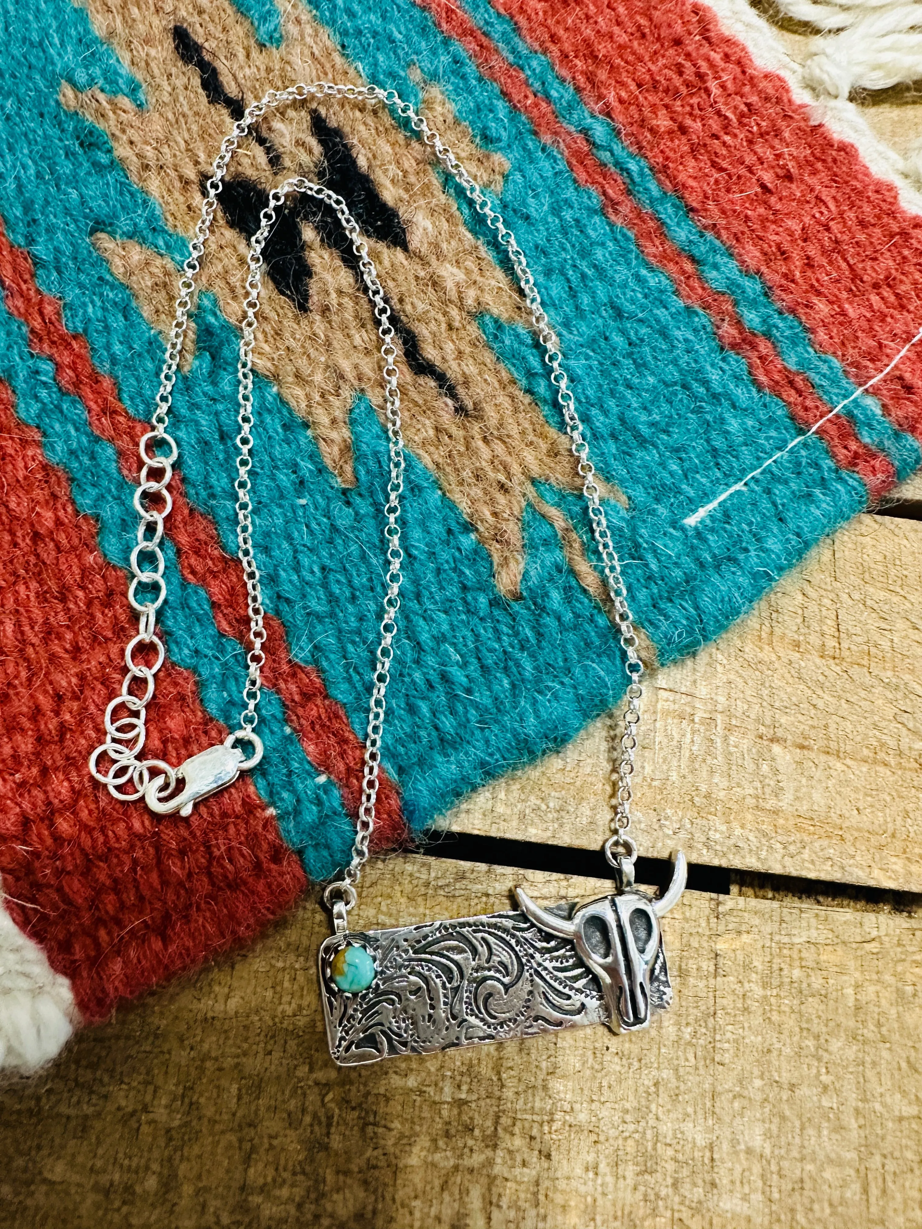 Handmade Sterling Silver & Turquoise Bullhead Bar Necklace