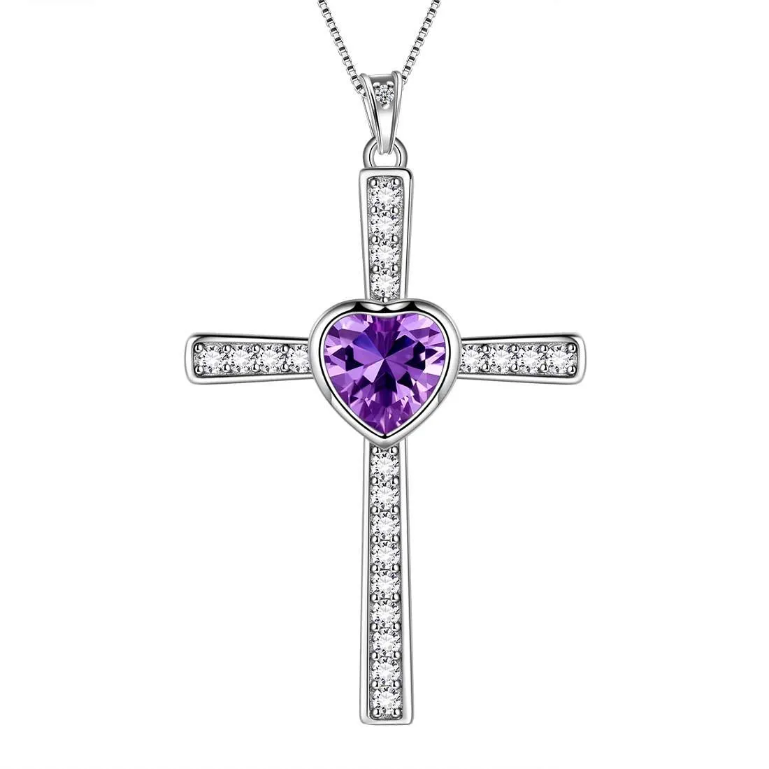 Heart Birthstone February Amethyst Cross Necklace Pendant Women Girls Jewelry Birthday Gift