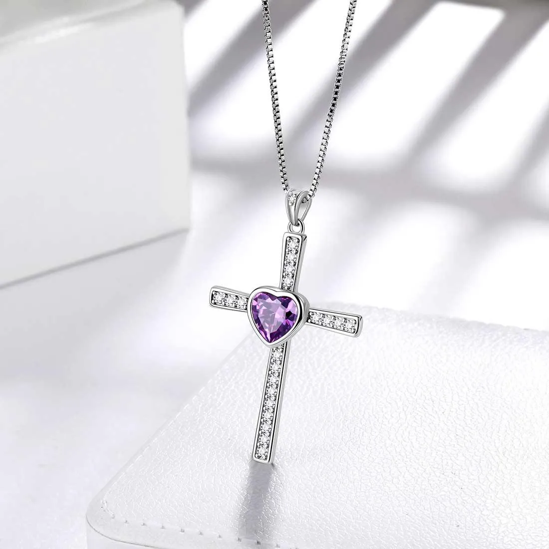 Heart Birthstone February Amethyst Cross Necklace Pendant Women Girls Jewelry Birthday Gift