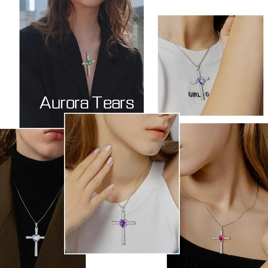 Heart Birthstone February Amethyst Cross Necklace Pendant Women Girls Jewelry Birthday Gift