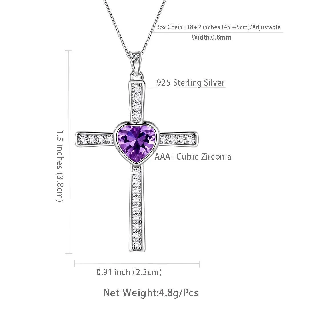 Heart Birthstone February Amethyst Cross Necklace Pendant Women Girls Jewelry Birthday Gift