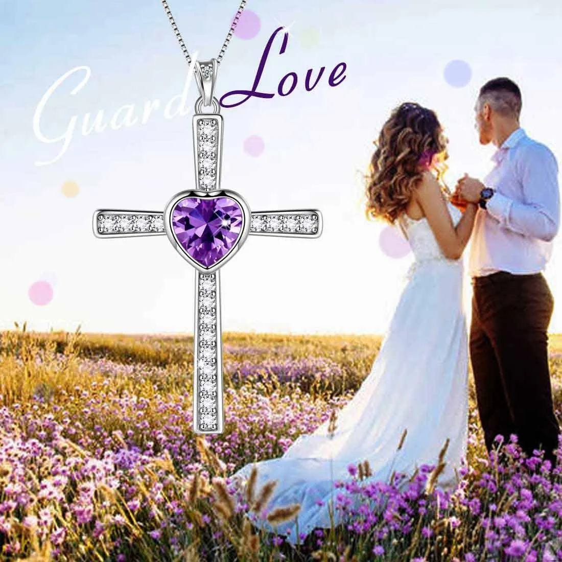 Heart Birthstone February Amethyst Cross Necklace Pendant Women Girls Jewelry Birthday Gift