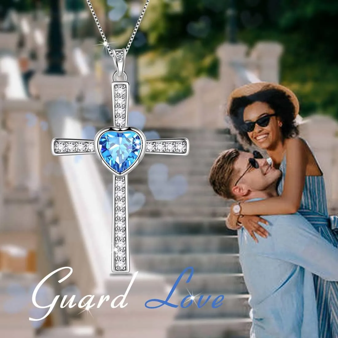 Heart Birthstone March Aquamarine Cross Necklace Pendant Women Girls Jewelry Birthday Gift