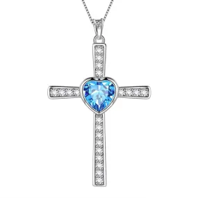 Heart Birthstone March Aquamarine Cross Necklace Pendant Women Girls Jewelry Birthday Gift