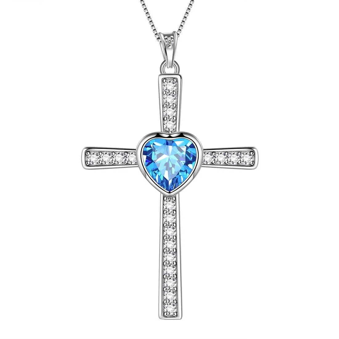 Heart Birthstone March Aquamarine Cross Necklace Pendant Women Girls Jewelry Birthday Gift