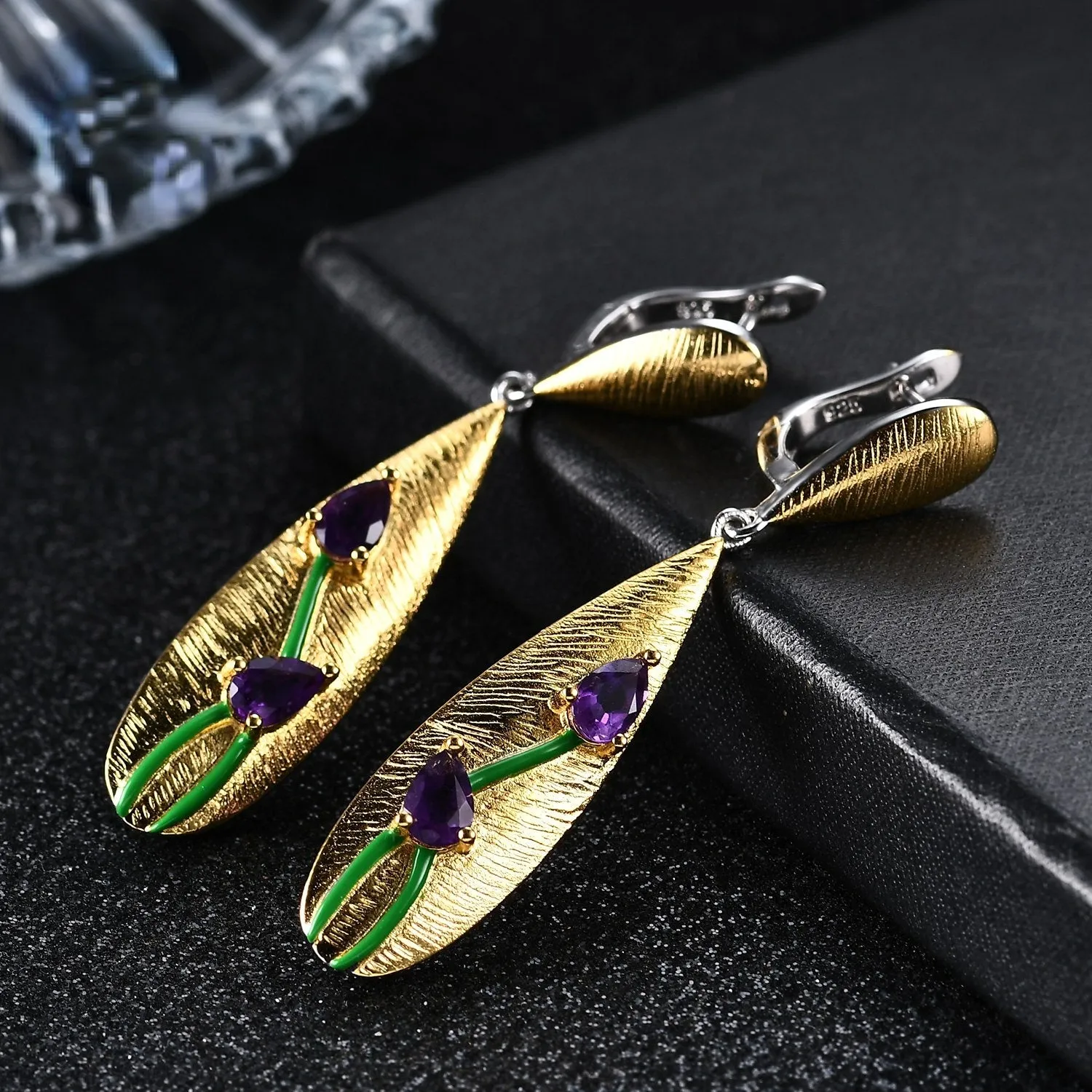 Italian Crafts Vintage Style Inlaid Natural Amethyst Tulips Silver Drop Earrings for Women