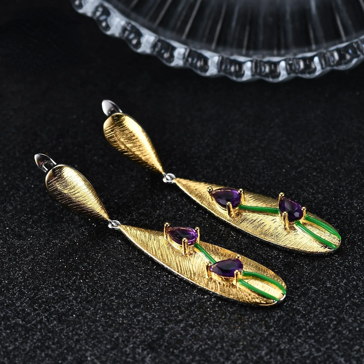 Italian Crafts Vintage Style Inlaid Natural Amethyst Tulips Silver Drop Earrings for Women