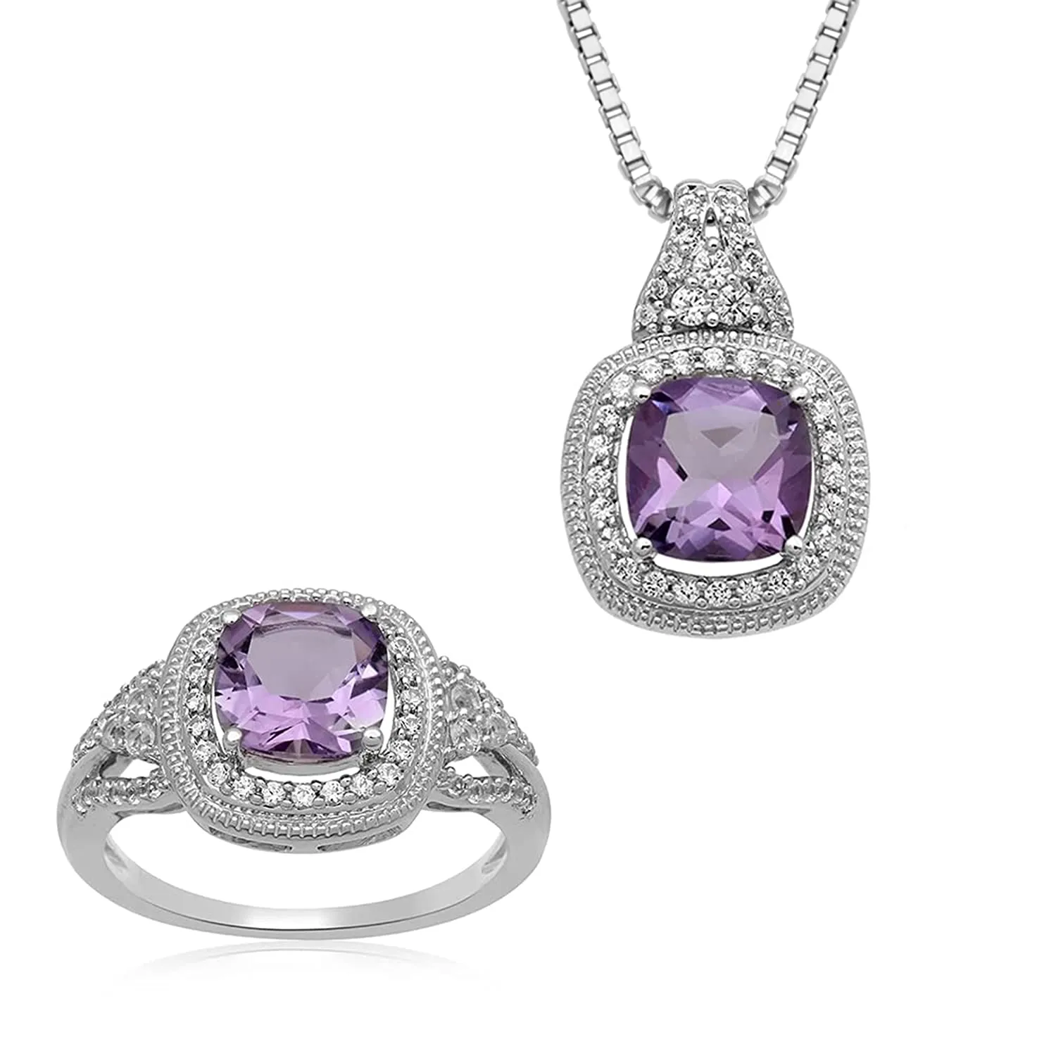 Jewelili Sterling Silver with Cushion Cut Amethyst and Round Created White Sapphire Pendant Necklace and Ring Jewelry Set