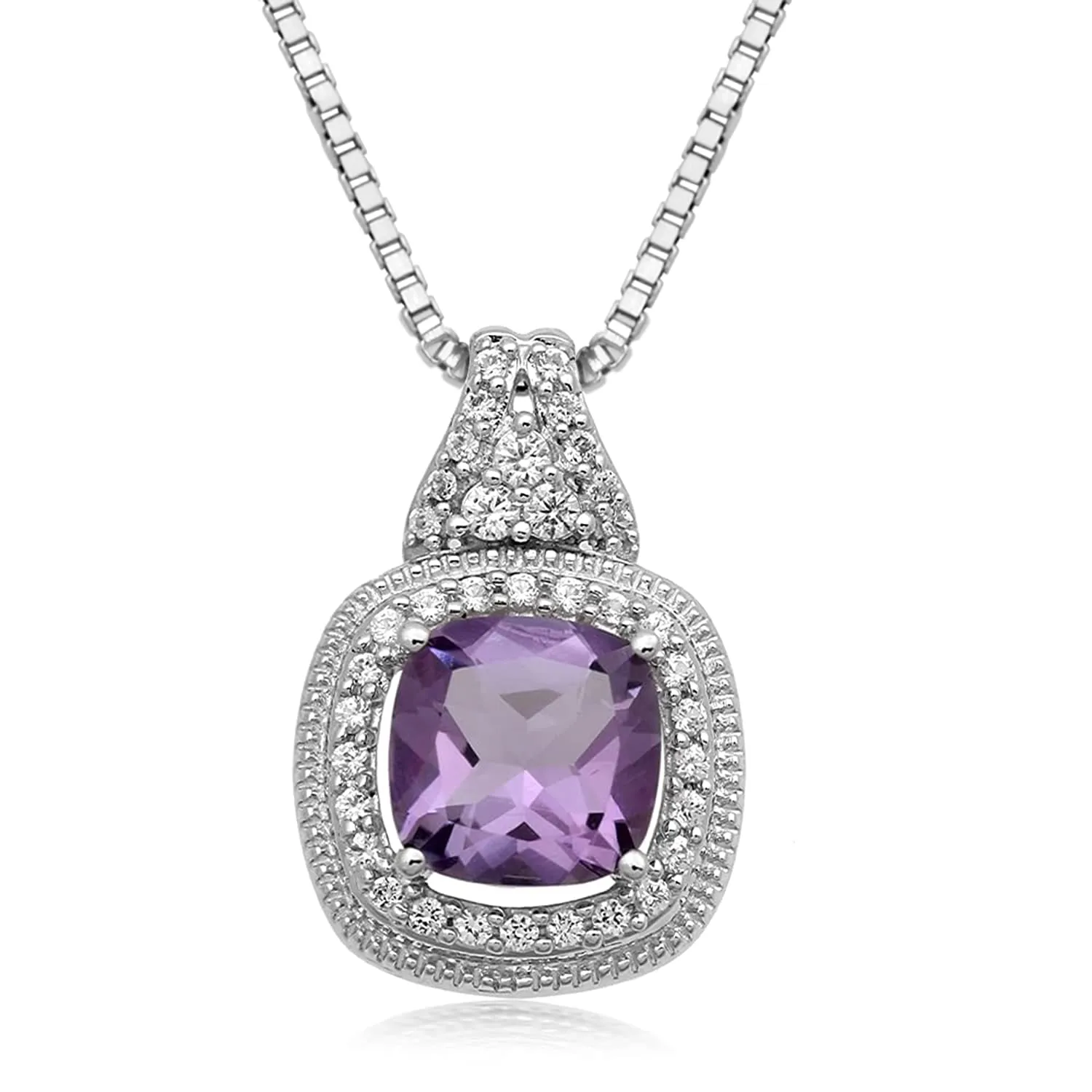 Jewelili Sterling Silver with Cushion Cut Amethyst and Round Created White Sapphire Pendant Necklace and Ring Jewelry Set