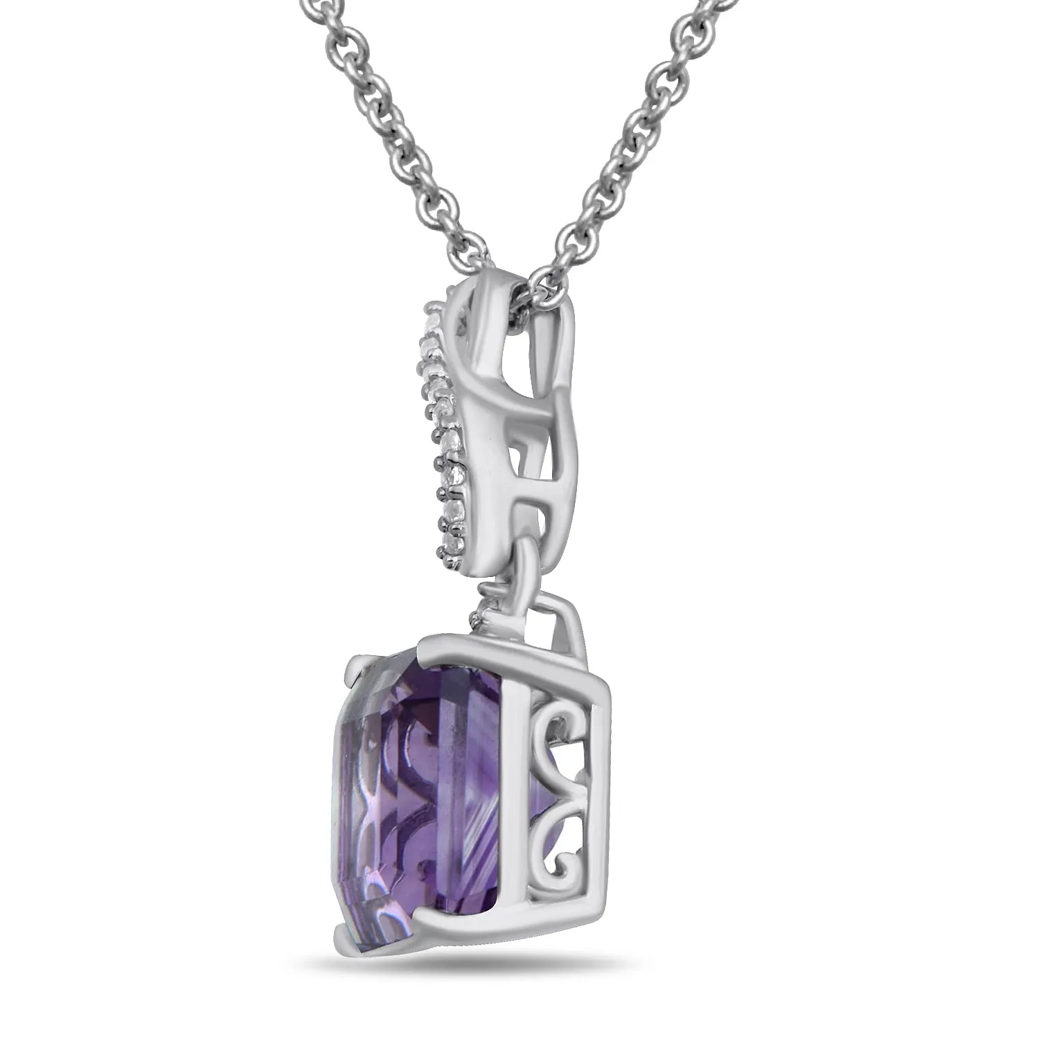 Jewelili Sterling Silver With Octagon Amethyst and Created White Sapphire Pendant Necklace