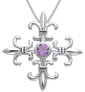 Jewelry Trends Sterling Silver and Amethyst Croix La Me'Re Fleur De Lis Pendant on 18 Inch Box Chain Necklace