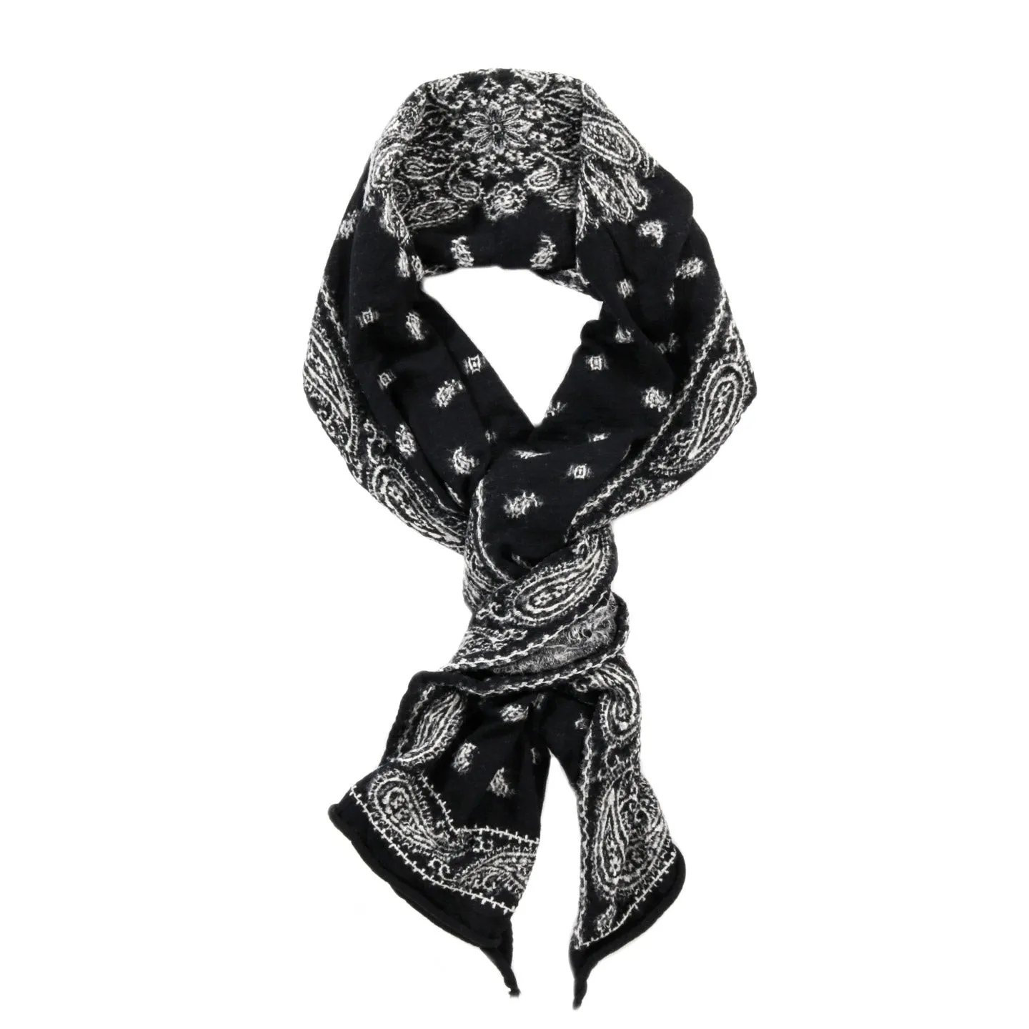 KAPITAL COMPRESSED WOOL SCARF PAISLEY BANDANA BLACK