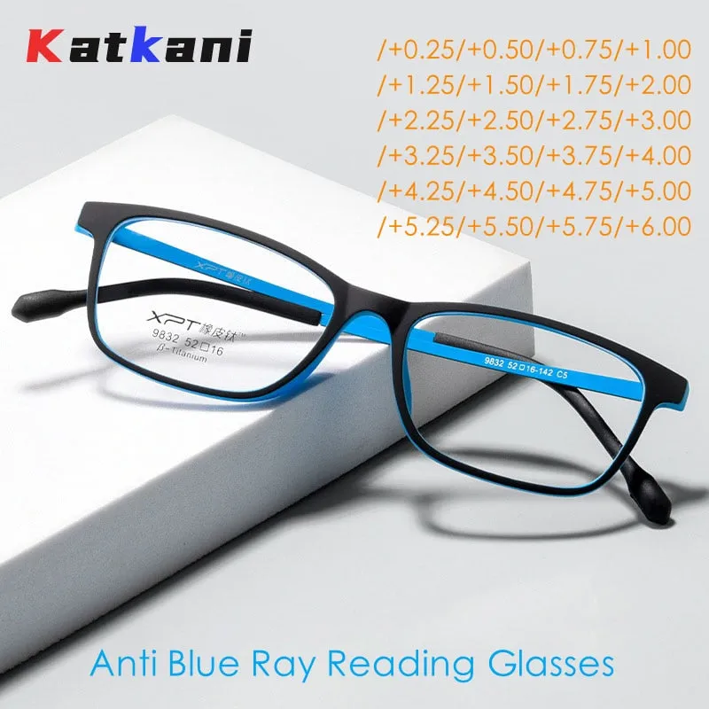 KatKani Unisex Full Rim Square Tr 90 Titanium  Reading Glasses Anti Blue Light Black 9832xp