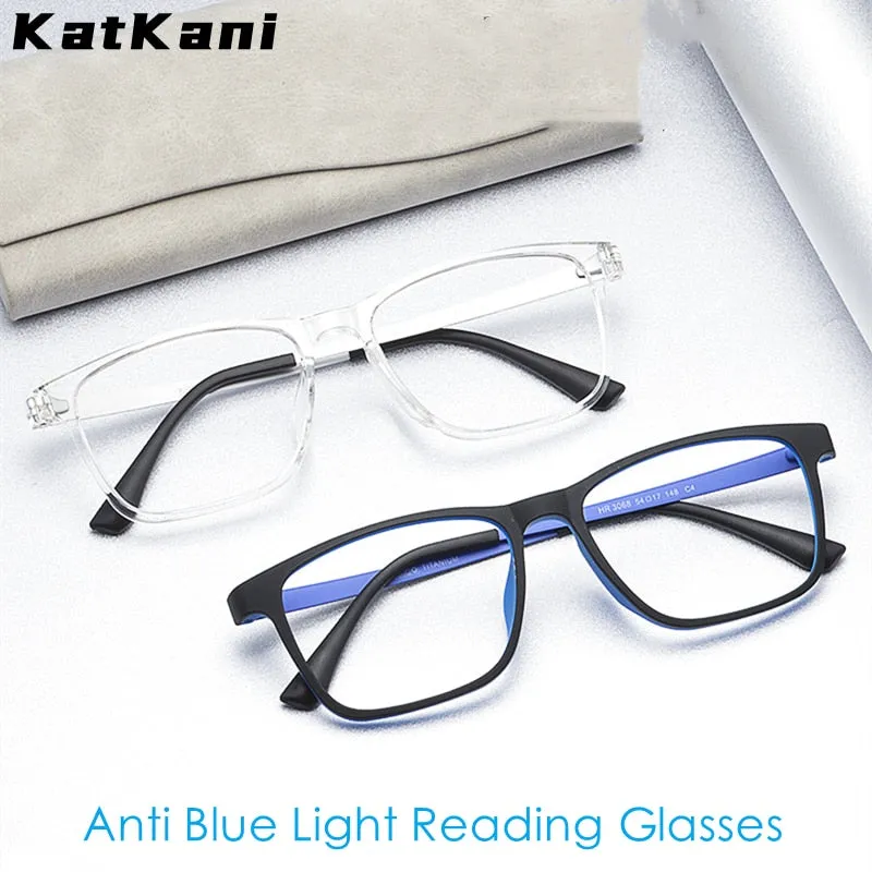 KatKani Unisex Full Rim Square Tr 90 Titanium  Reading Glasses Anti Blue Light Black Hr3068