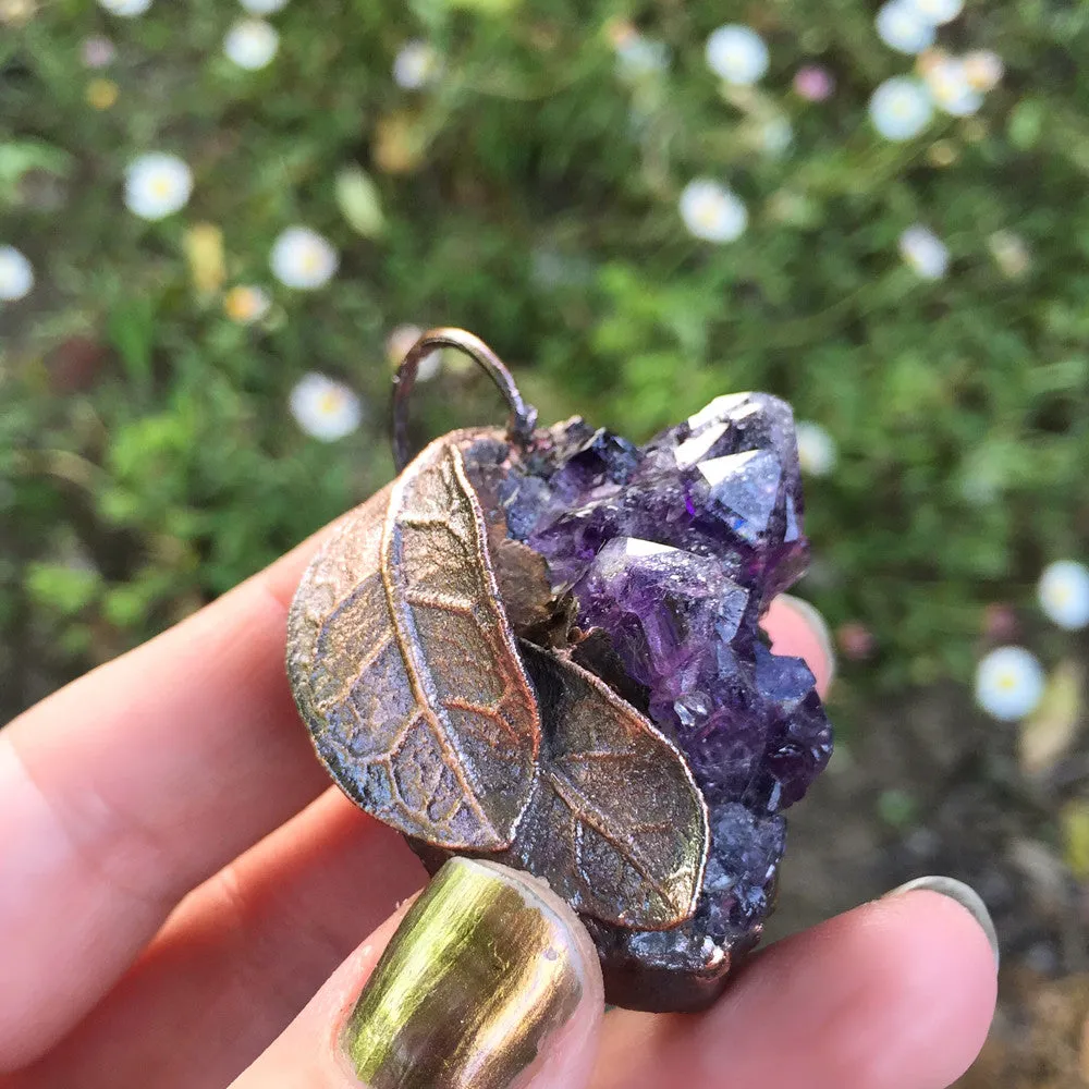 Large Amethyst Crystal and Guava Leaf Necklace | Electroformed Crystal Pendant | Amethyst Necklace