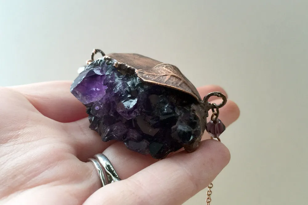 Large Amethyst Crystal and Guava Leaf Necklace | Electroformed Crystal Pendant | Amethyst Necklace