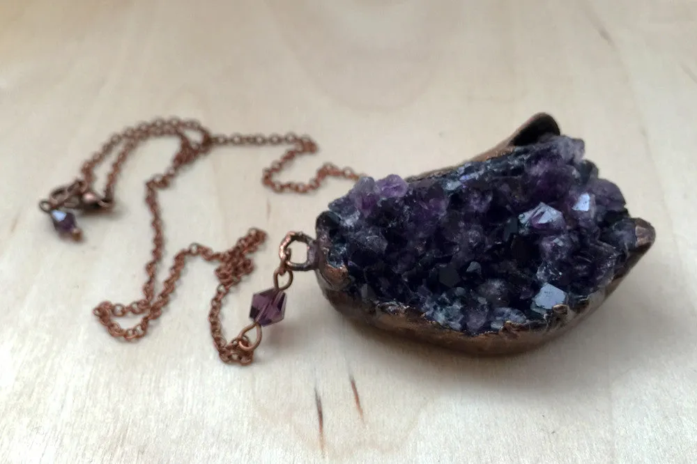 Large Amethyst Crystal and Guava Leaf Necklace | Electroformed Crystal Pendant | Amethyst Necklace