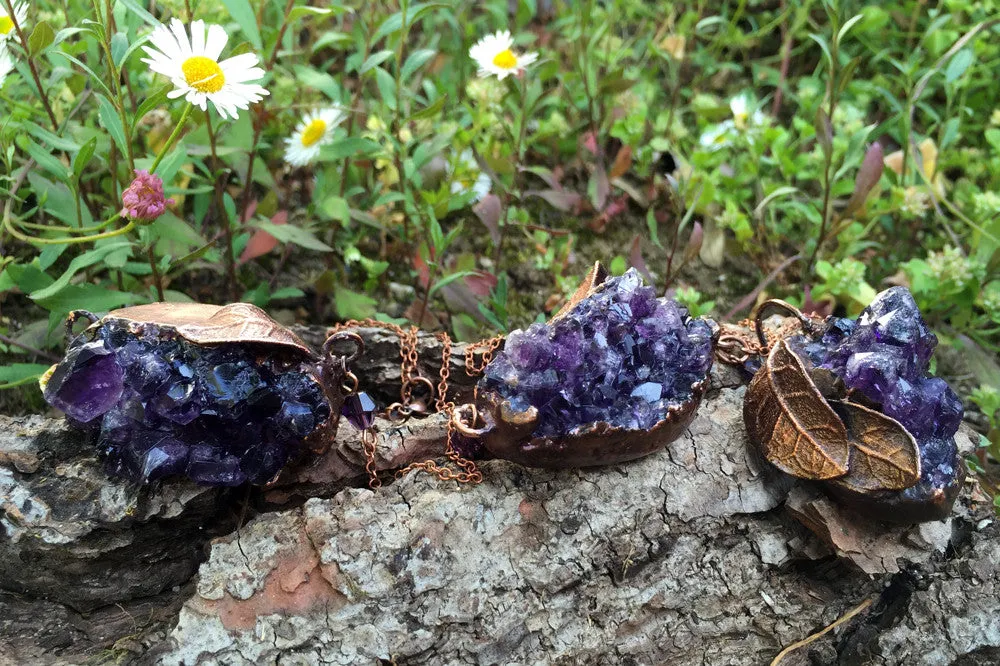 Large Amethyst Crystal and Guava Leaf Necklace | Electroformed Crystal Pendant | Amethyst Necklace