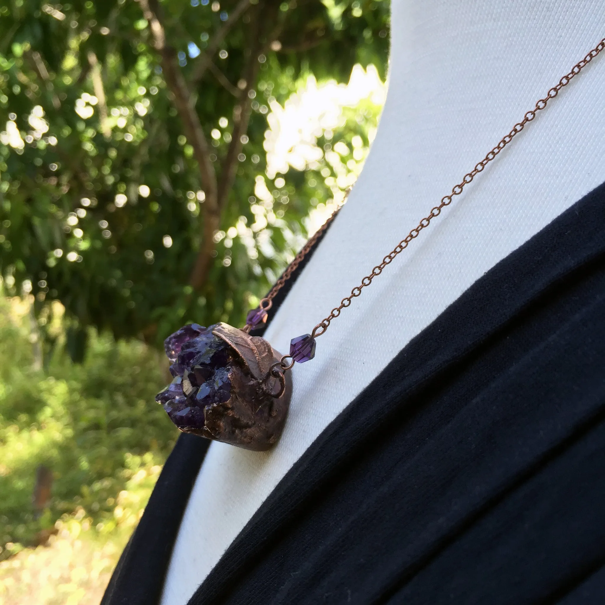 Large Amethyst Crystal and Guava Leaf Necklace | Electroformed Crystal Pendant | Amethyst Necklace