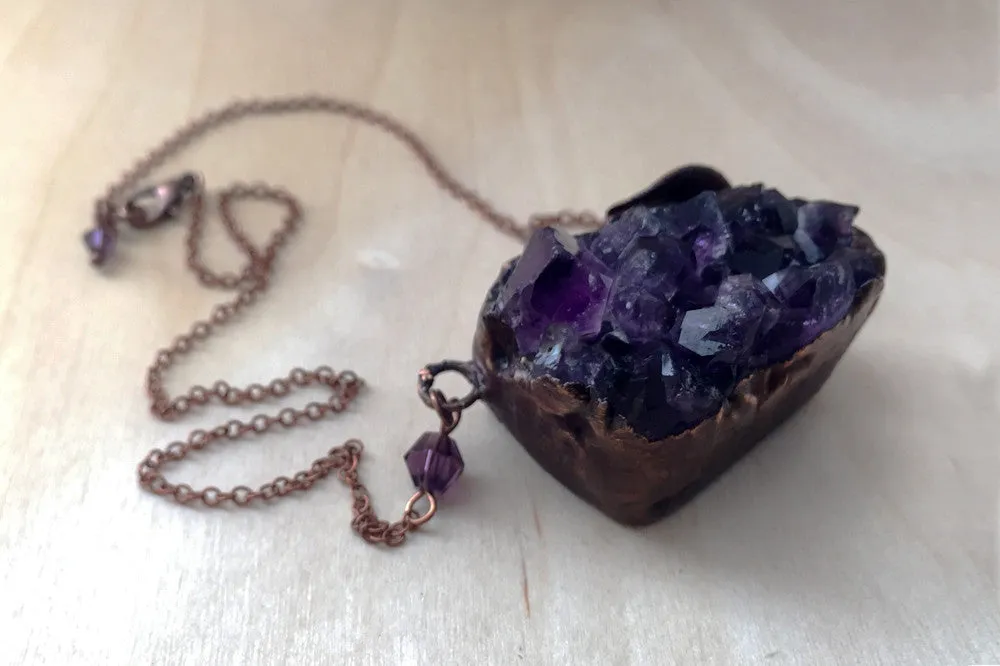 Large Amethyst Crystal and Guava Leaf Necklace | Electroformed Crystal Pendant | Amethyst Necklace