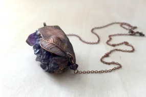 Large Amethyst Crystal and Guava Leaf Necklace | Electroformed Crystal Pendant | Amethyst Necklace