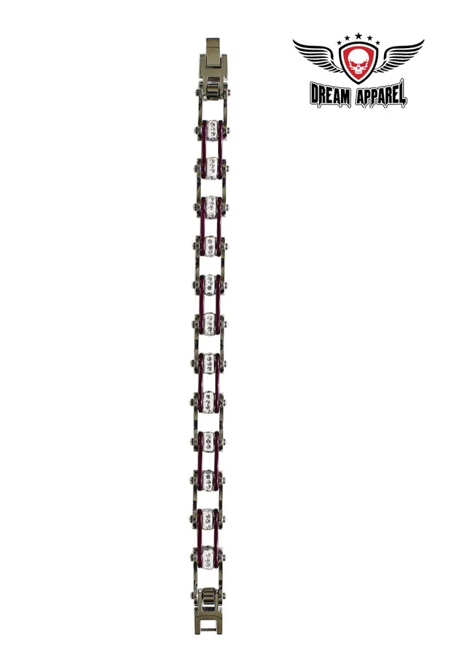 Large Chrome and Violet Motorcycle Chain Bracelet with Gemstones