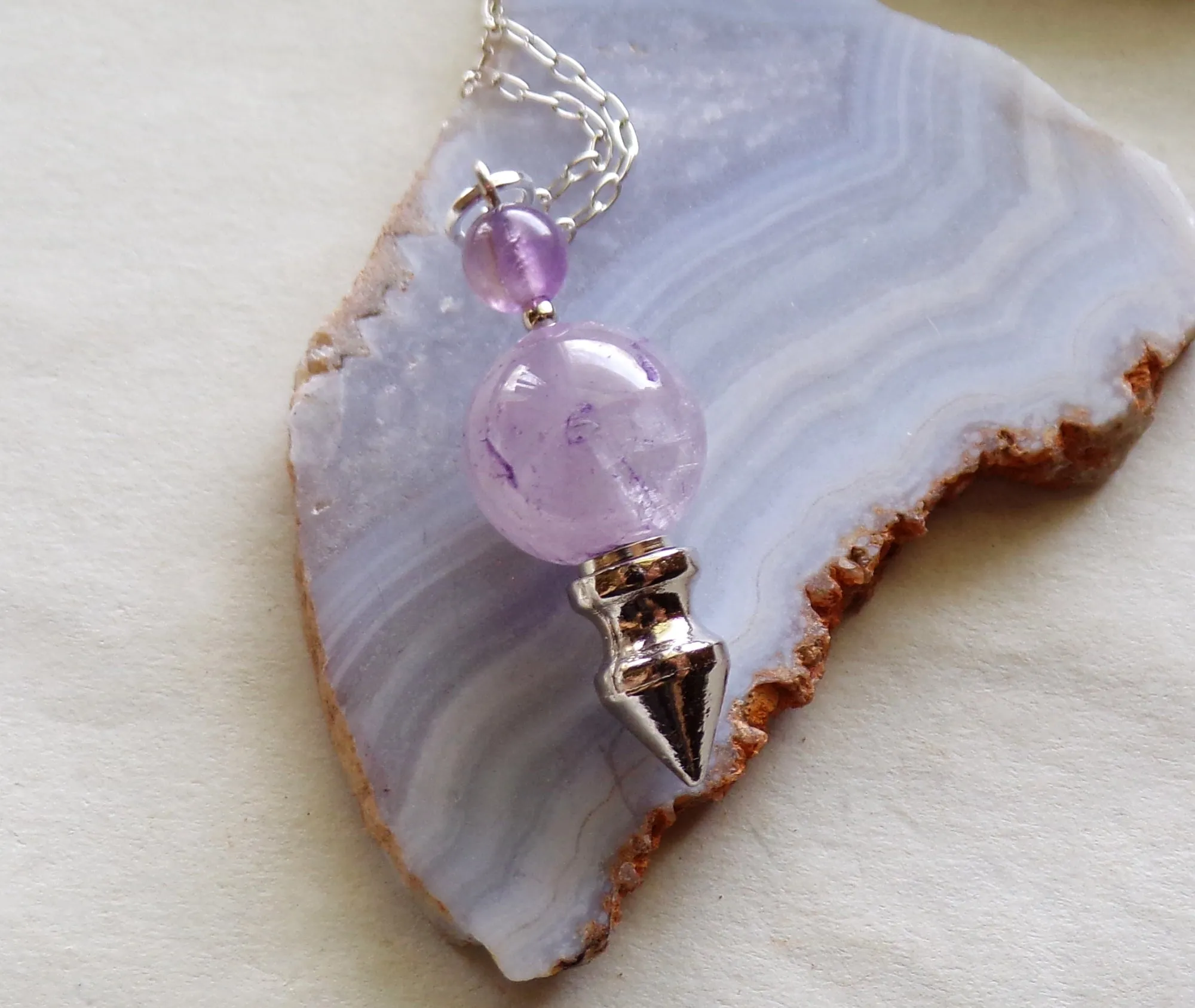 Lavender Amethyst Crystal Ball Spike Pendulum Pendant Necklace