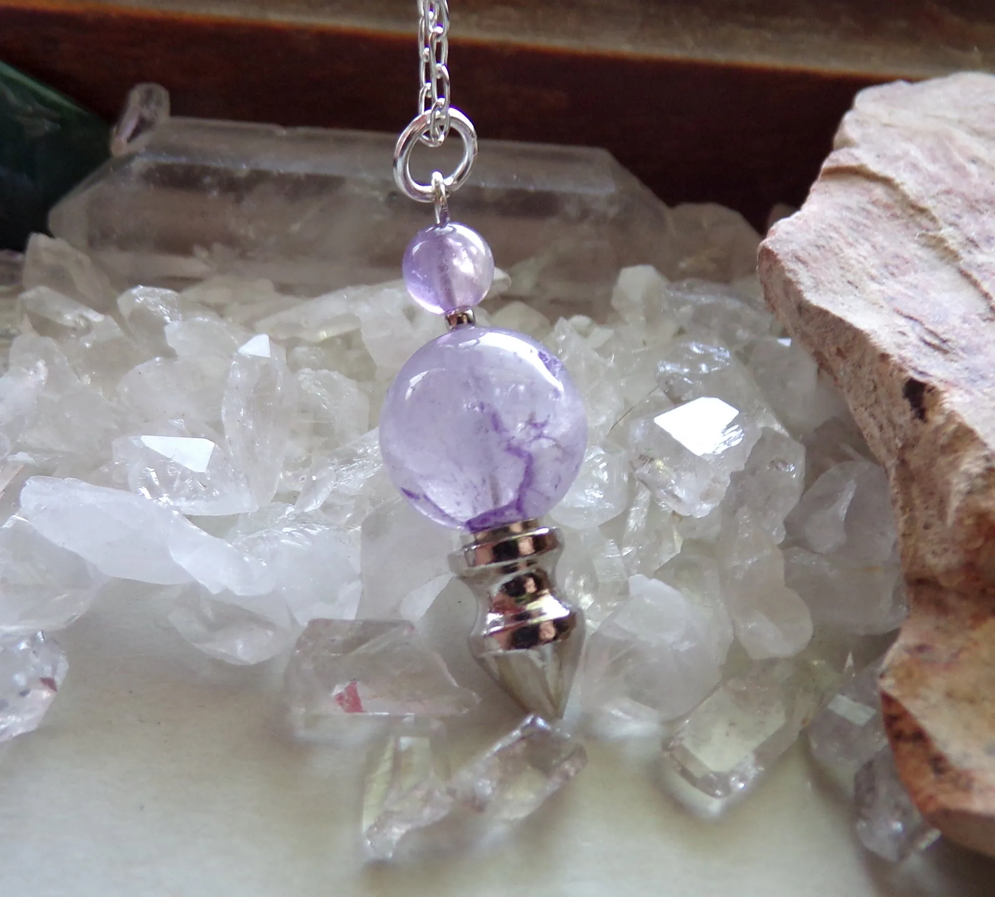 Lavender Amethyst Crystal Ball Spike Pendulum Pendant Necklace