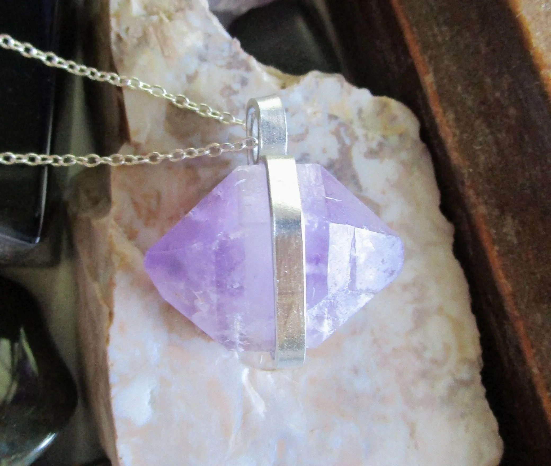 Lavender Amethyst Natural Gemstone Crystal Pendant Necklace