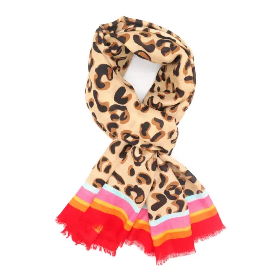 Leo Print Bright Border Scarf | Pink Mix