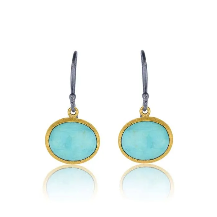 Like Behar "Pompei" Kingman Turquoise Drop Earrings in 24K Yellow Gold and Oxidized Sterling Silver