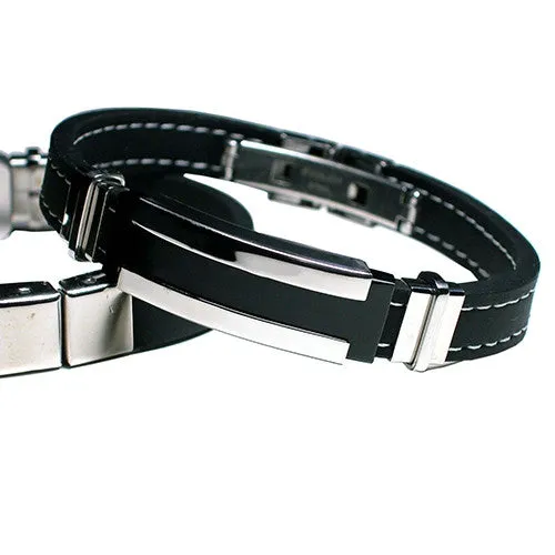 Men's Black Silver Stainless Steel Rubber Bracelet Bangles