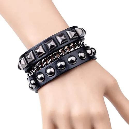 Men's Fashion Punk Rock and Roll Metal Chains Metal Button Adjustable Leather Bracelet