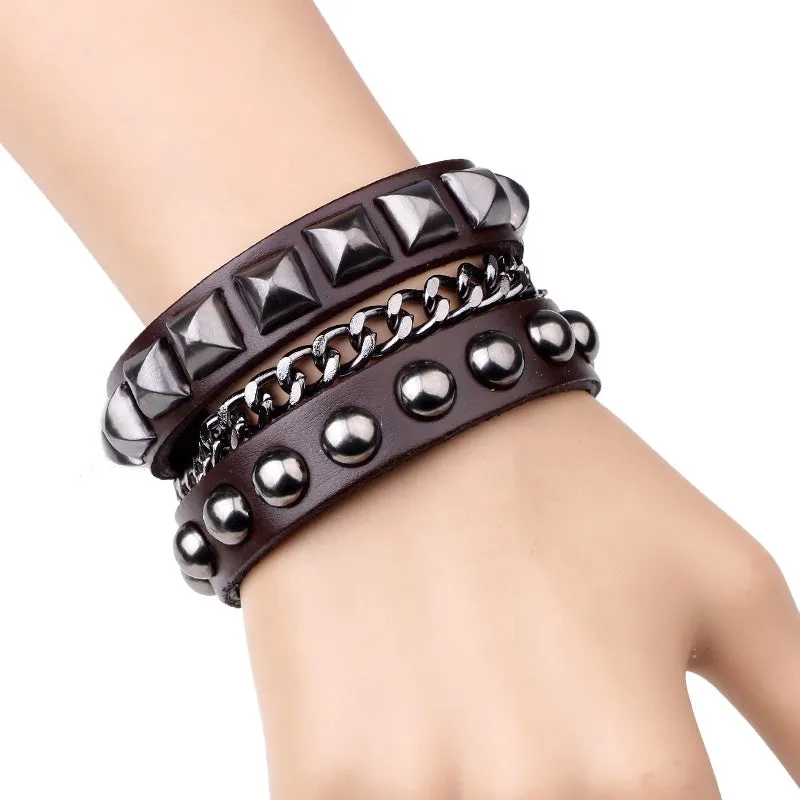 Men's Fashion Punk Rock and Roll Metal Chains Metal Button Adjustable Leather Bracelet